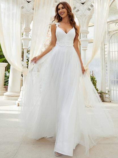 Elegant Lace Tulle Wedding Gown with Double V-Neck