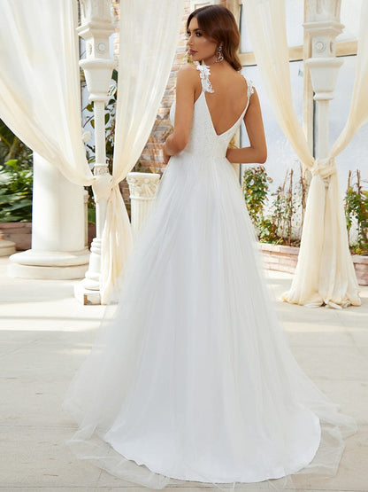Elegant Lace Tulle Wedding Gown with Double V-Neck