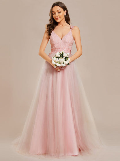 Elegant Lace Tulle Wedding Gown with Double V-Neck