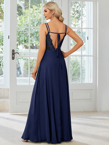Elegant Lace V-Back Chiffon Bridesmaid Gown with Wholesome Charm