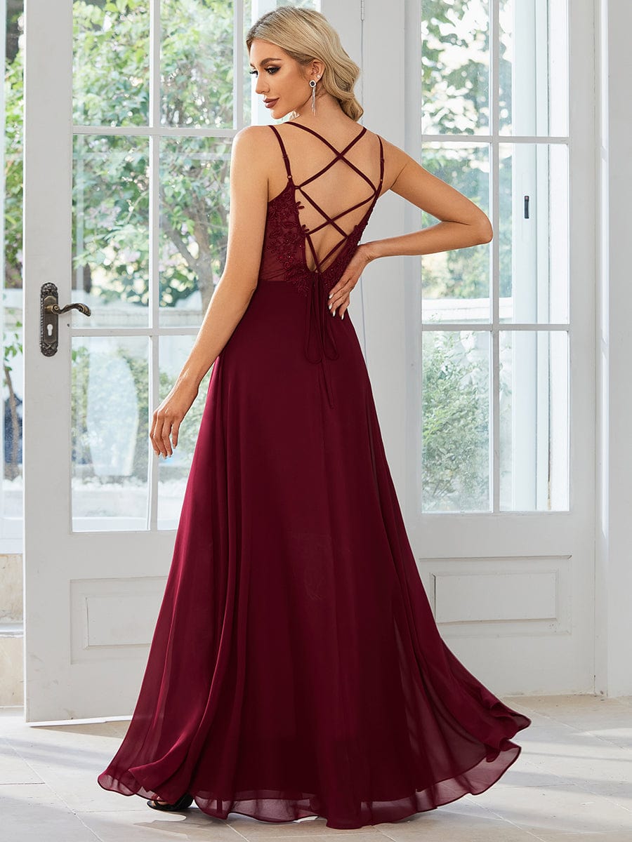Elegant Lace V-Back Chiffon Bridesmaid Gown with Wholesome Charm