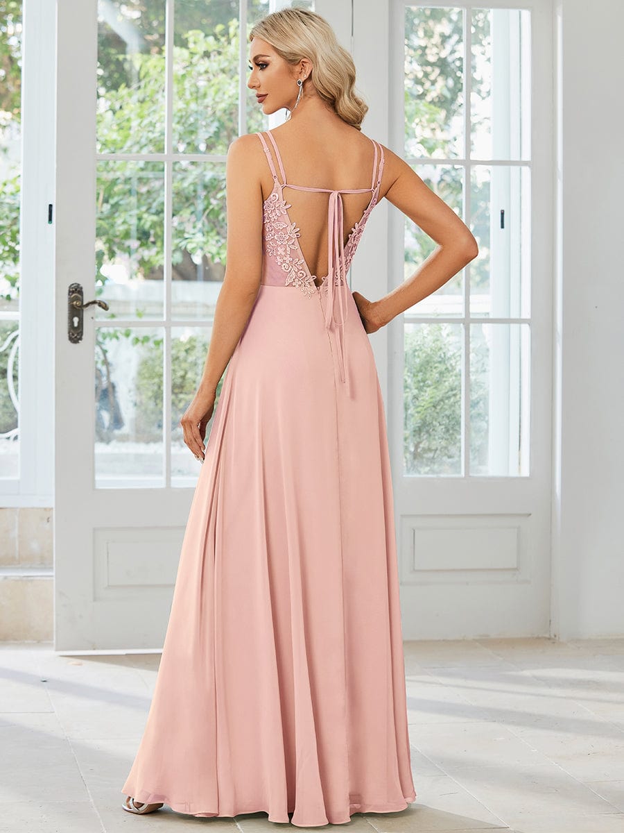 Elegant Lace V-Back Chiffon Bridesmaid Gown with Wholesome Charm