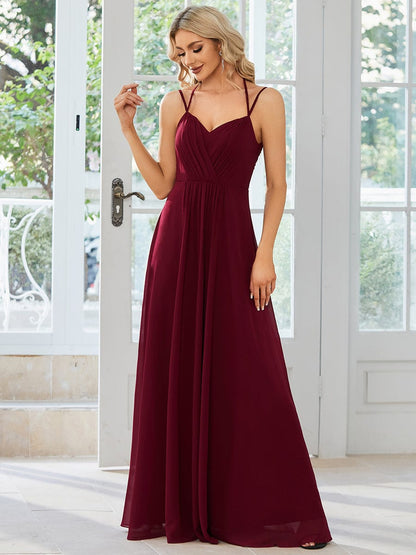 Elegant Lace V-Back Chiffon Bridesmaid Gown with Wholesome Charm
