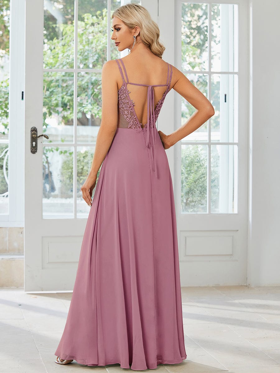 Elegant Lace V-Back Chiffon Bridesmaid Gown with Wholesome Charm