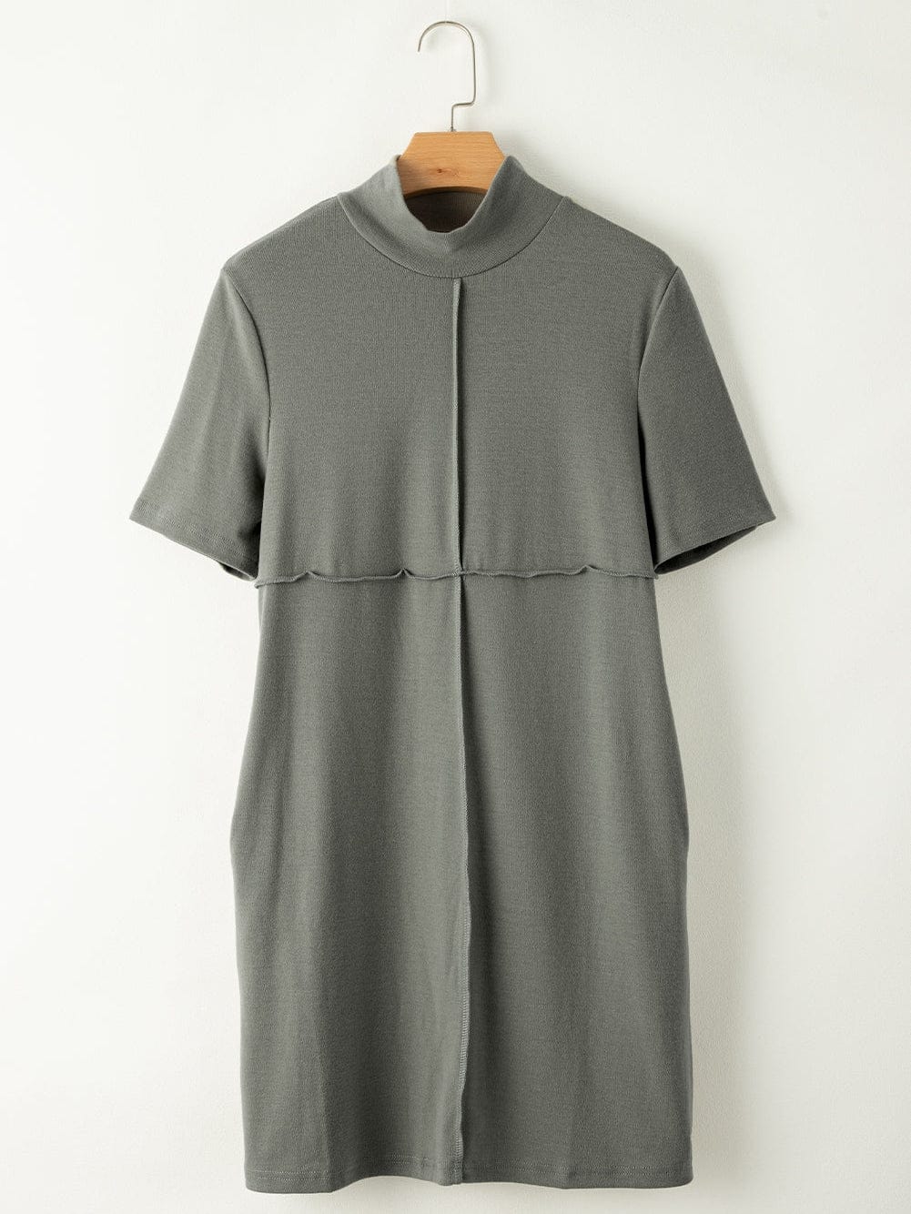 Elegant Laurel Green High Neck T-shirt Dress with Cross Seam
