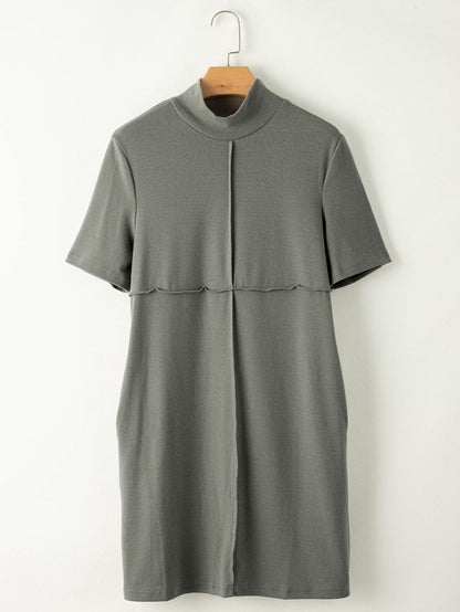 Elegant Laurel Green High Neck T-shirt Dress with Cross Seam