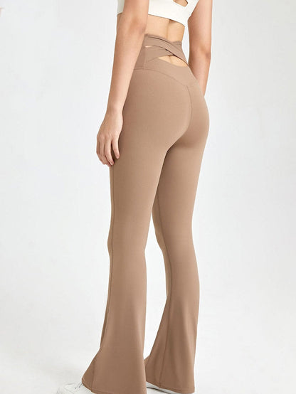 Elegant Light Beige Back Cross Waistband Flared Yoga Leggings