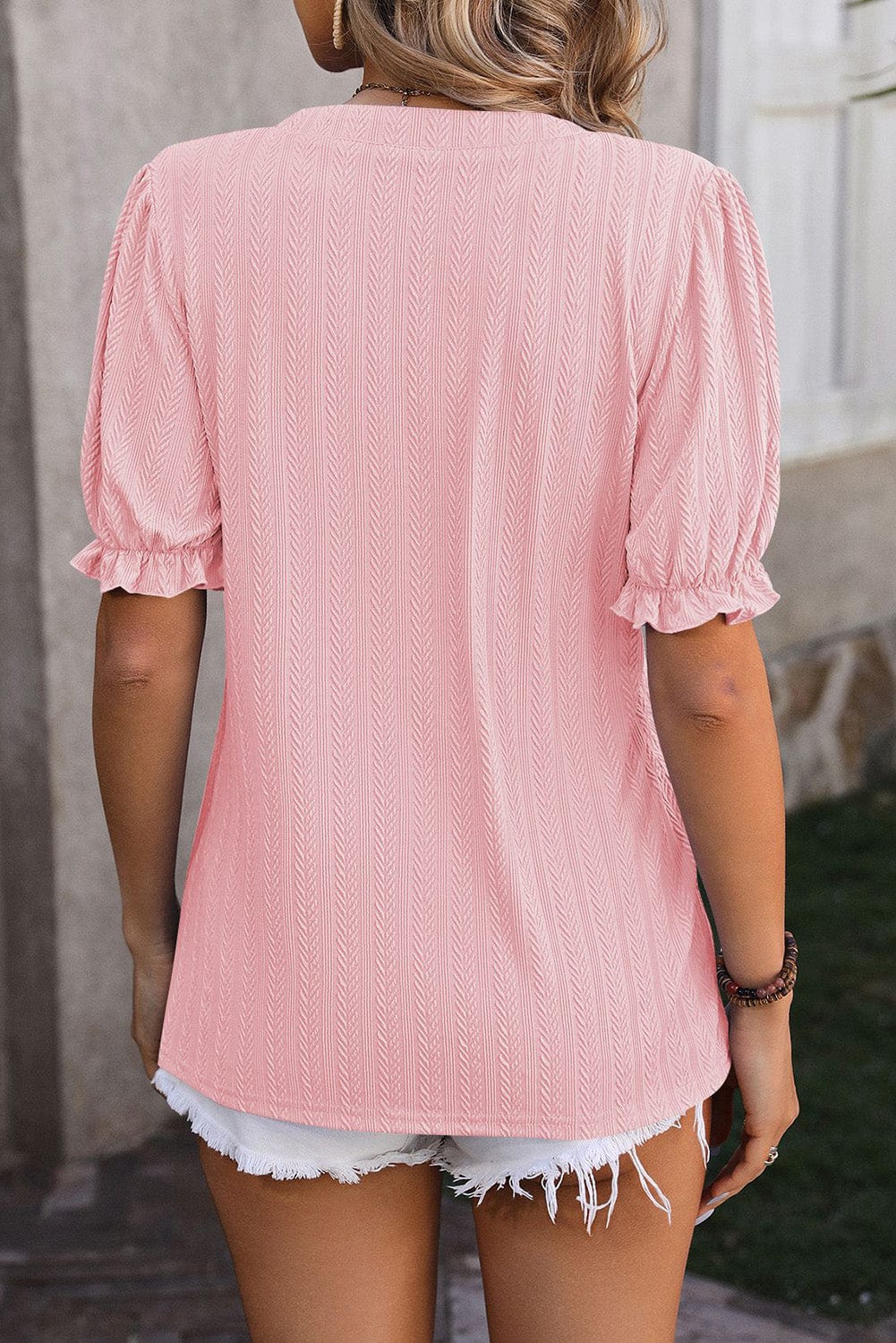 Elegant Light Pink Textured Frilly Sleeve Blouse