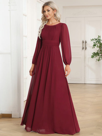 Elegant Long Lantern Sleeves Bridesmaid Dress with Round Neck