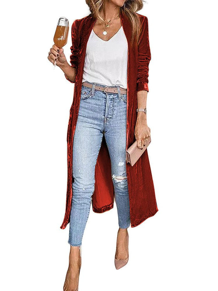 Elegant Long Velvet Cardigan with Patchwork Details for Women
