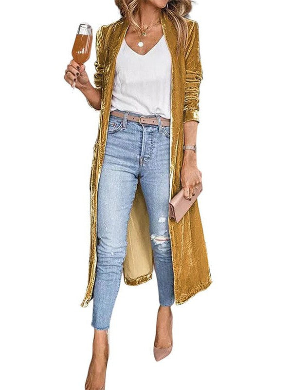 Elegant Long Velvet Cardigan with Patchwork Details for Women