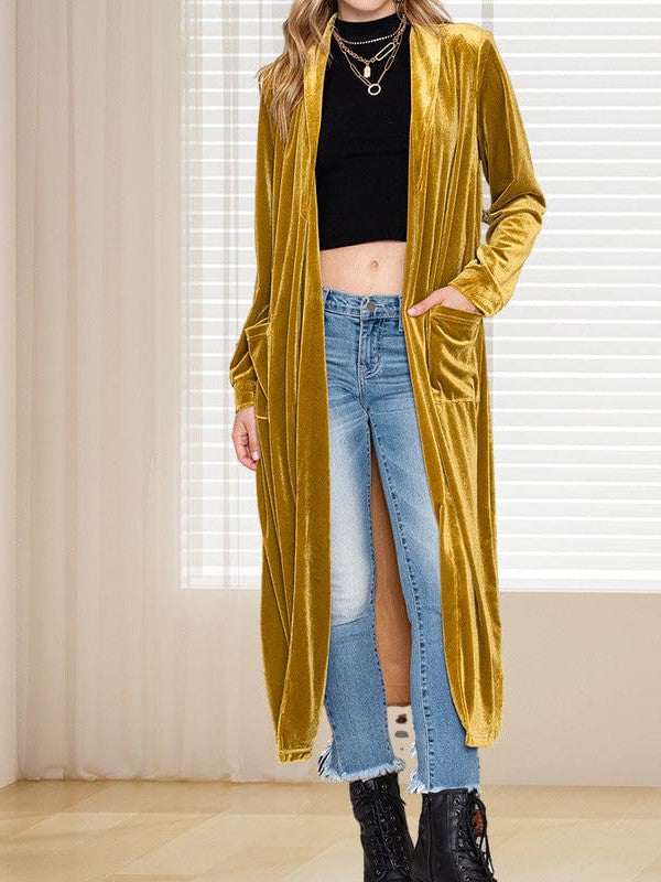 Elegant Long Velvet Cardigan with Patchwork Details for Women