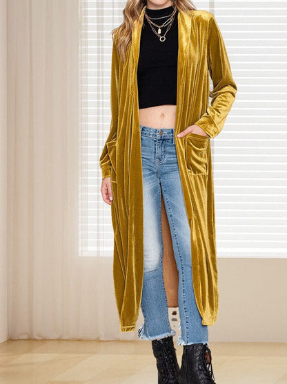 Elegant Long Velvet Cardigan with Patchwork Details for Women