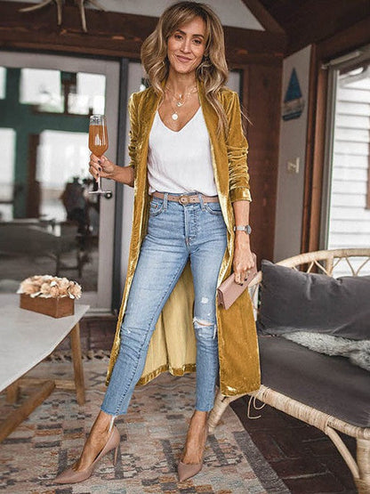 Elegant Long Velvet Cardigan with Patchwork Details for Women