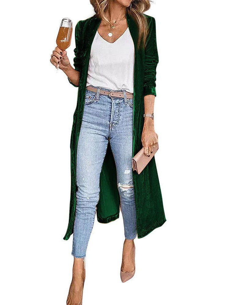 Elegant Long Velvet Cardigan with Patchwork Details for Women