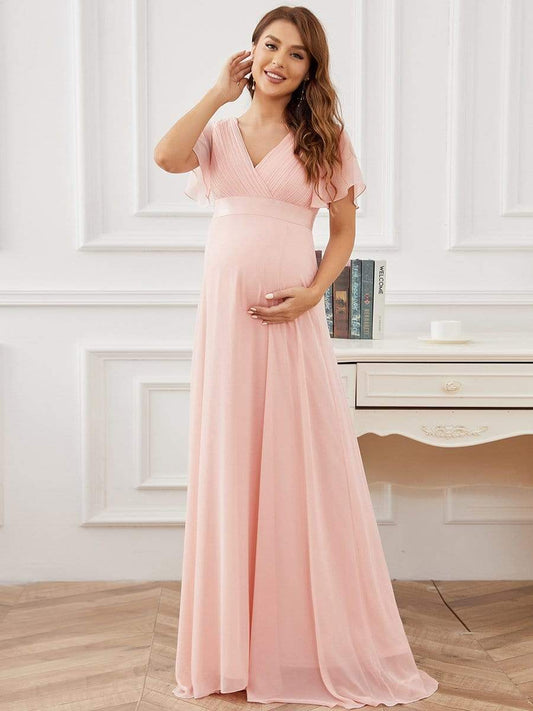 Elegant Maternity Dress with Ruffled Sleeves and Cinched Waist