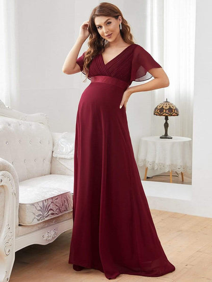 Elegant Maternity Dress with Ruffled Sleeves and Cinched Waist