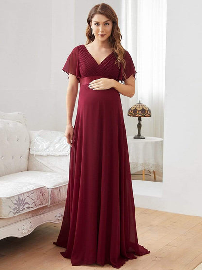 Elegant Maternity Dress with Ruffled Sleeves and Cinched Waist