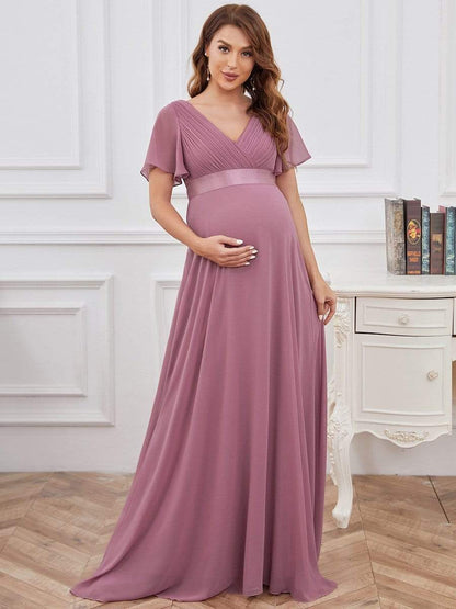 Elegant Maternity Dress with Ruffled Sleeves and Cinched Waist