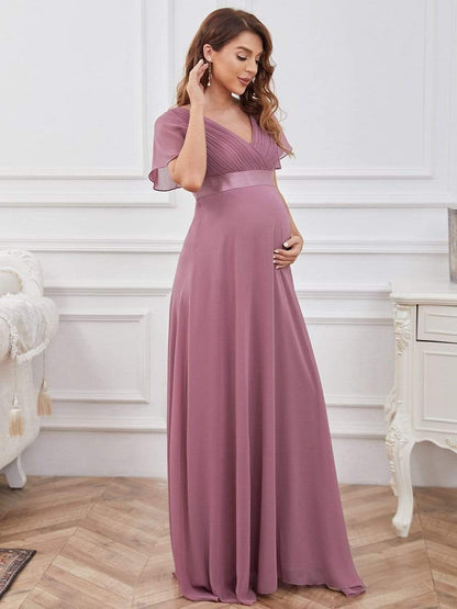 Elegant Maternity Dress with Ruffled Sleeves and Cinched Waist