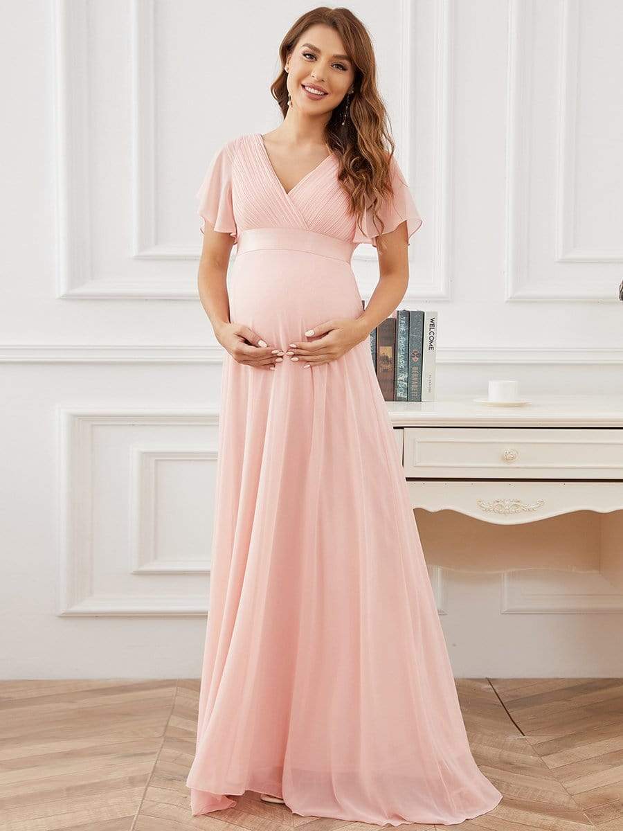 Elegant Maternity Dress with Ruffled Sleeves and Cinched Waist