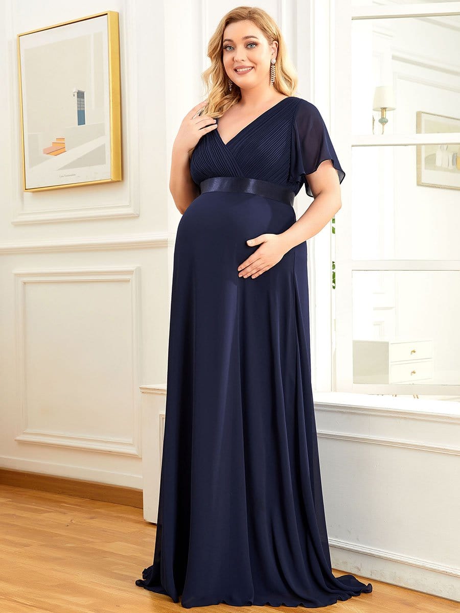 Elegant Maternity Dress with Ruffled Sleeves and Cinched Waist