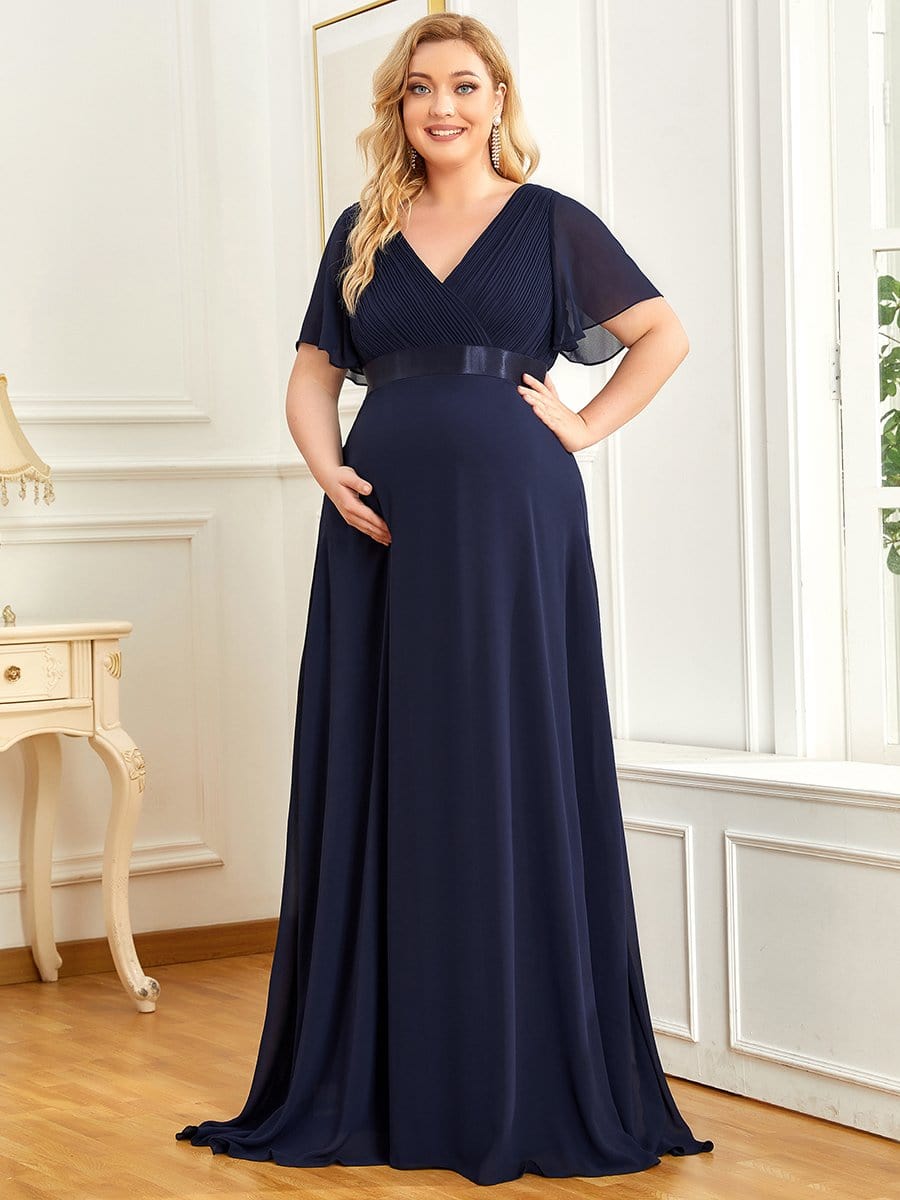Elegant Maternity Dress with Ruffled Sleeves and Cinched Waist