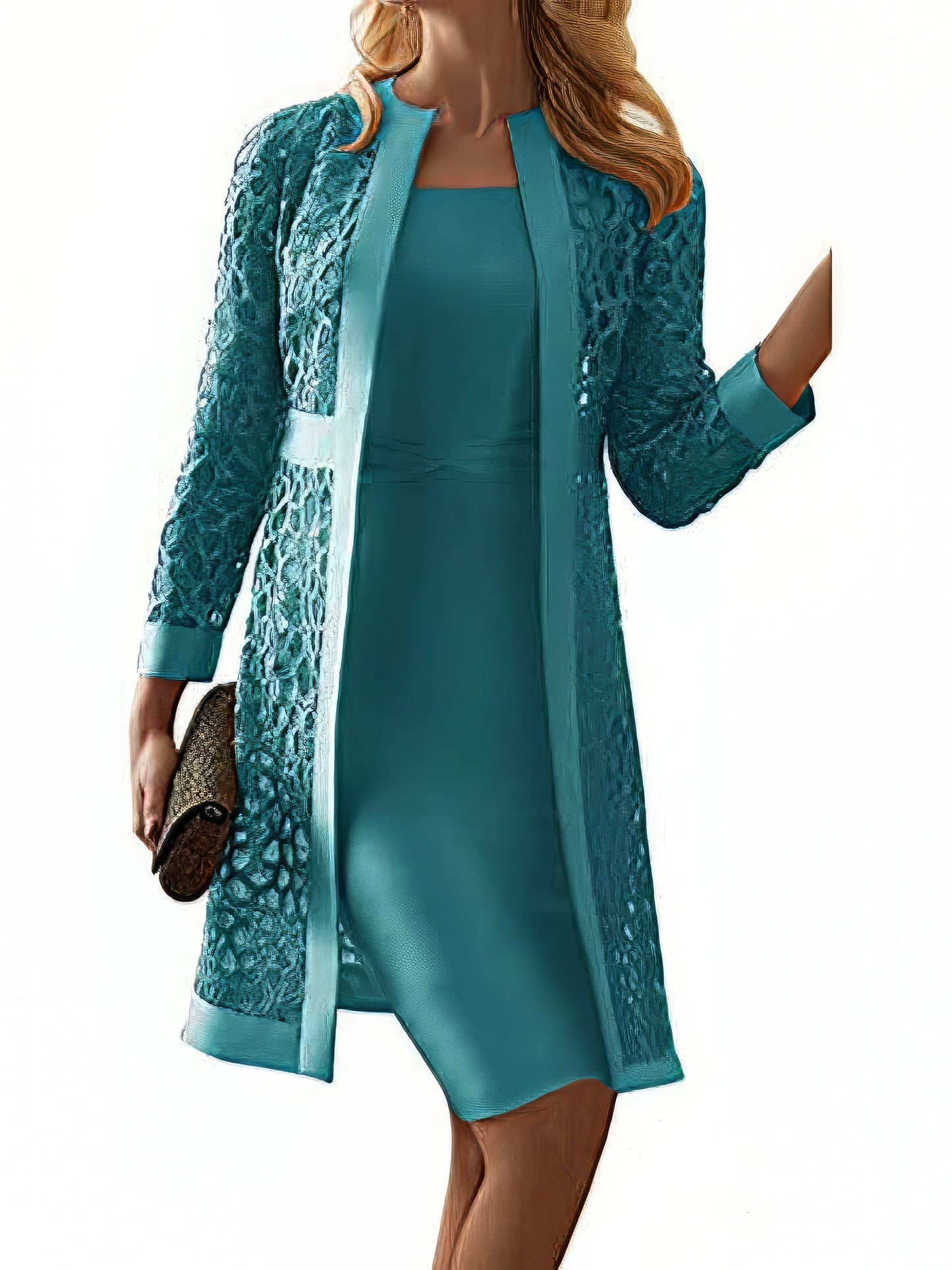 Elegant Midi Dress with Lace Hollow Crew Neck and Long Sleeves