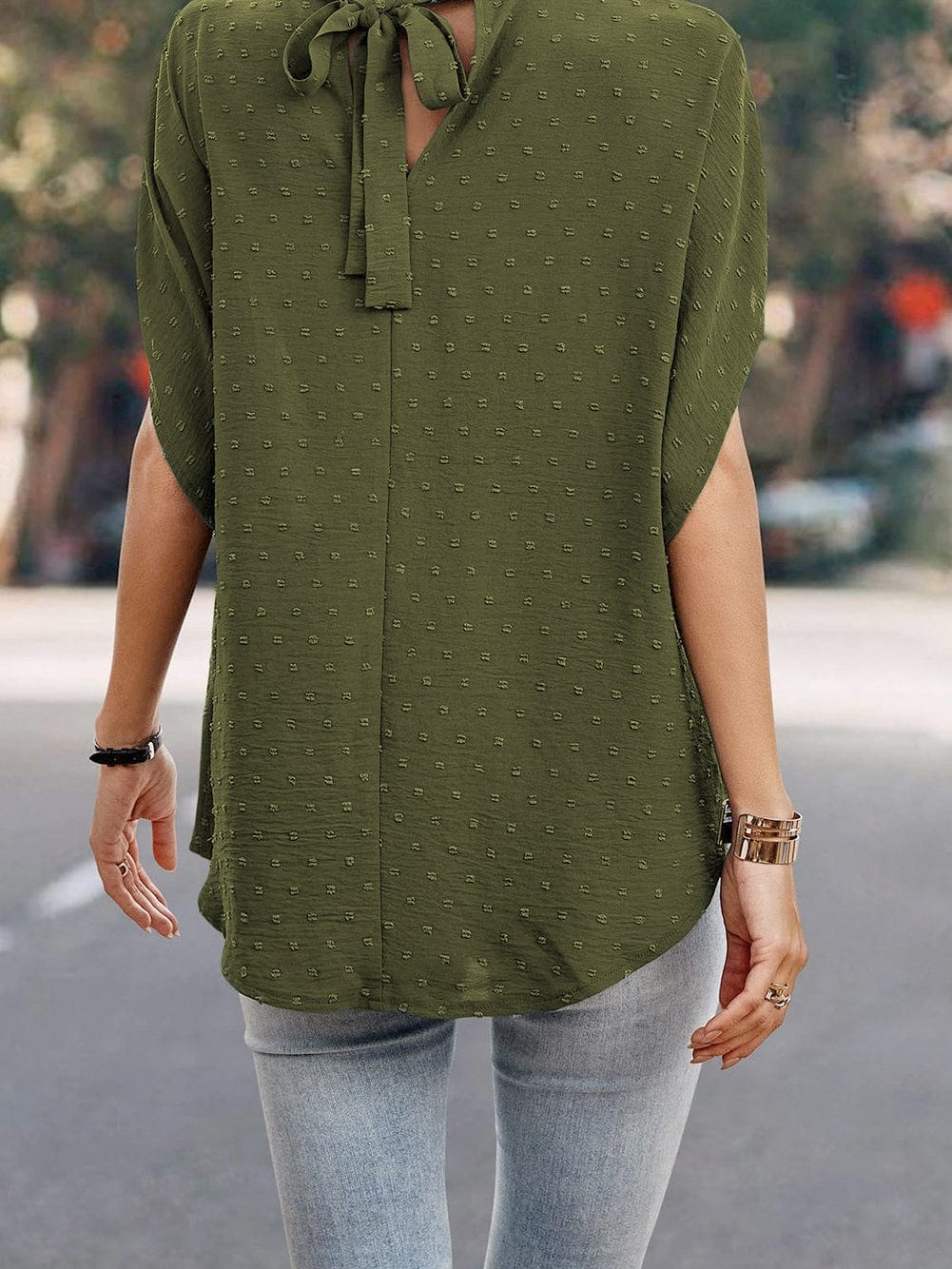 Elegant Mist Green Swiss Dot Batwing Sleeve Blouse with Stand Neck
