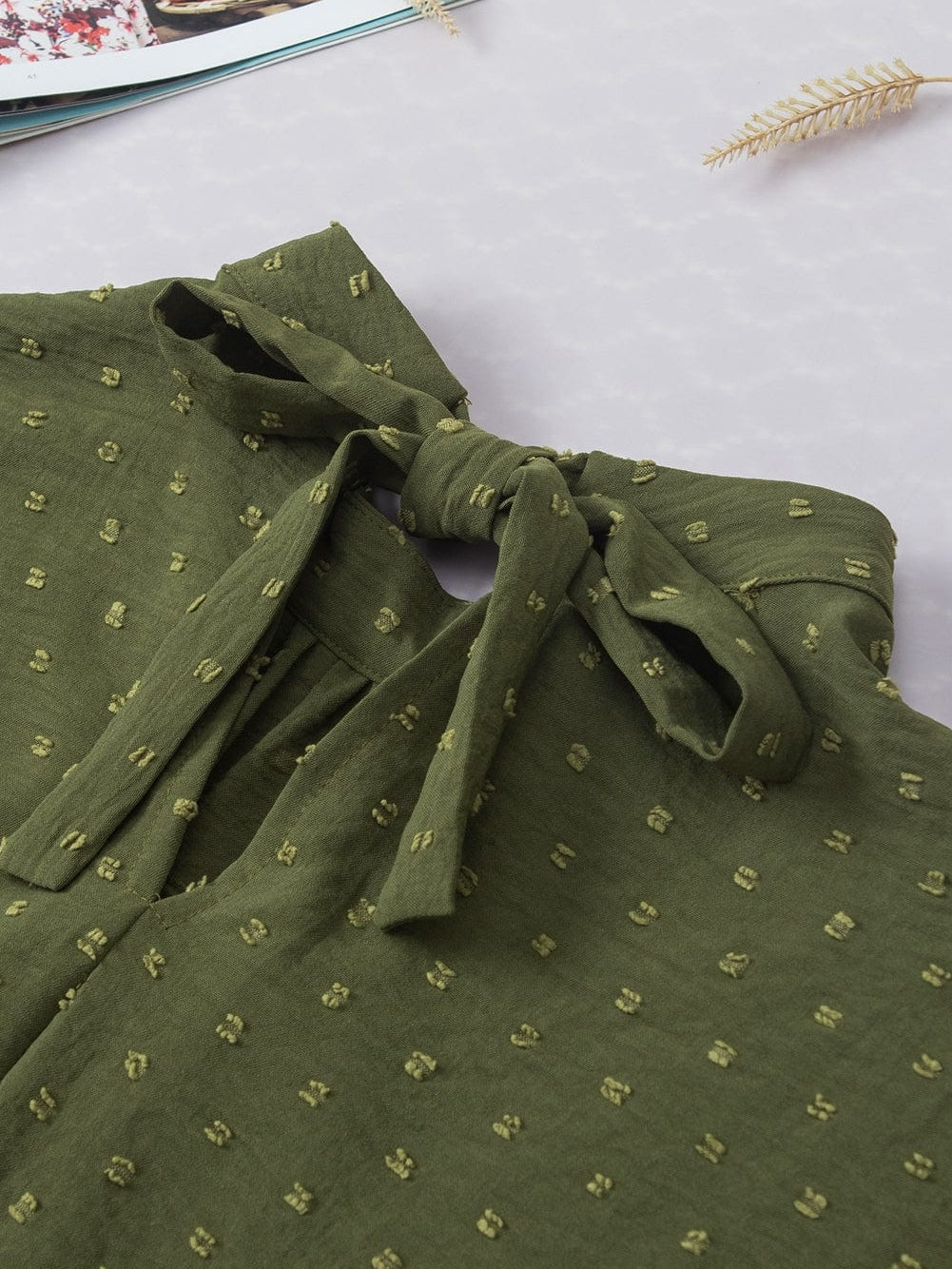 Elegant Mist Green Swiss Dot Batwing Sleeve Blouse with Stand Neck