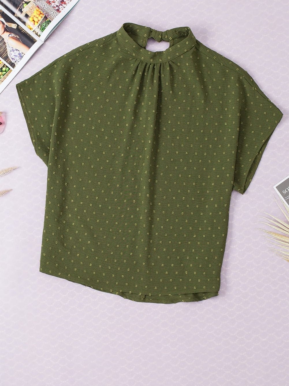 Elegant Mist Green Swiss Dot Batwing Sleeve Blouse with Stand Neck