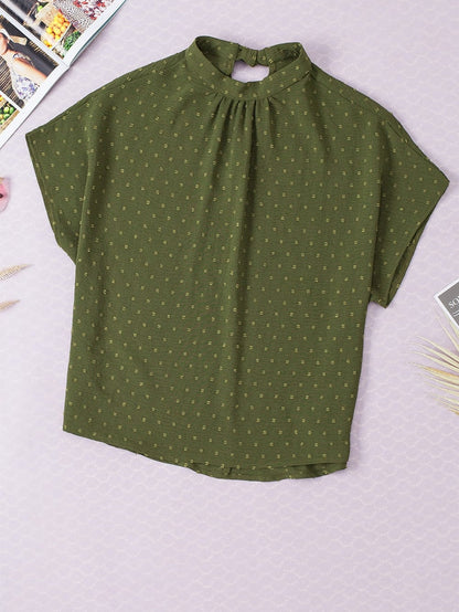 Elegant Mist Green Swiss Dot Batwing Sleeve Blouse with Stand Neck