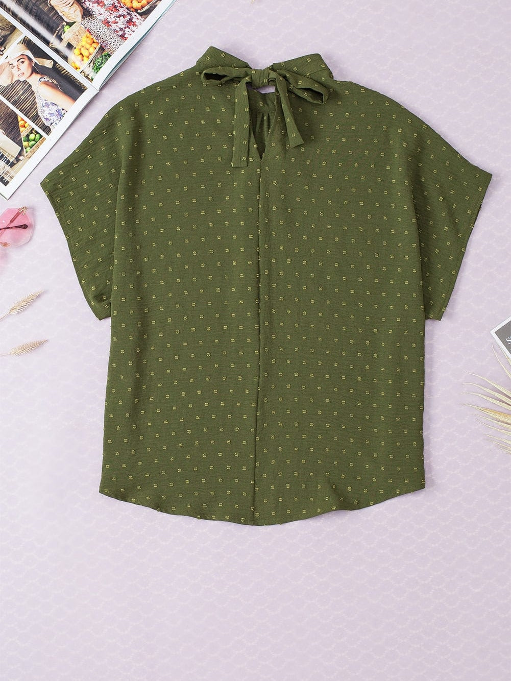 Elegant Mist Green Swiss Dot Batwing Sleeve Blouse with Stand Neck