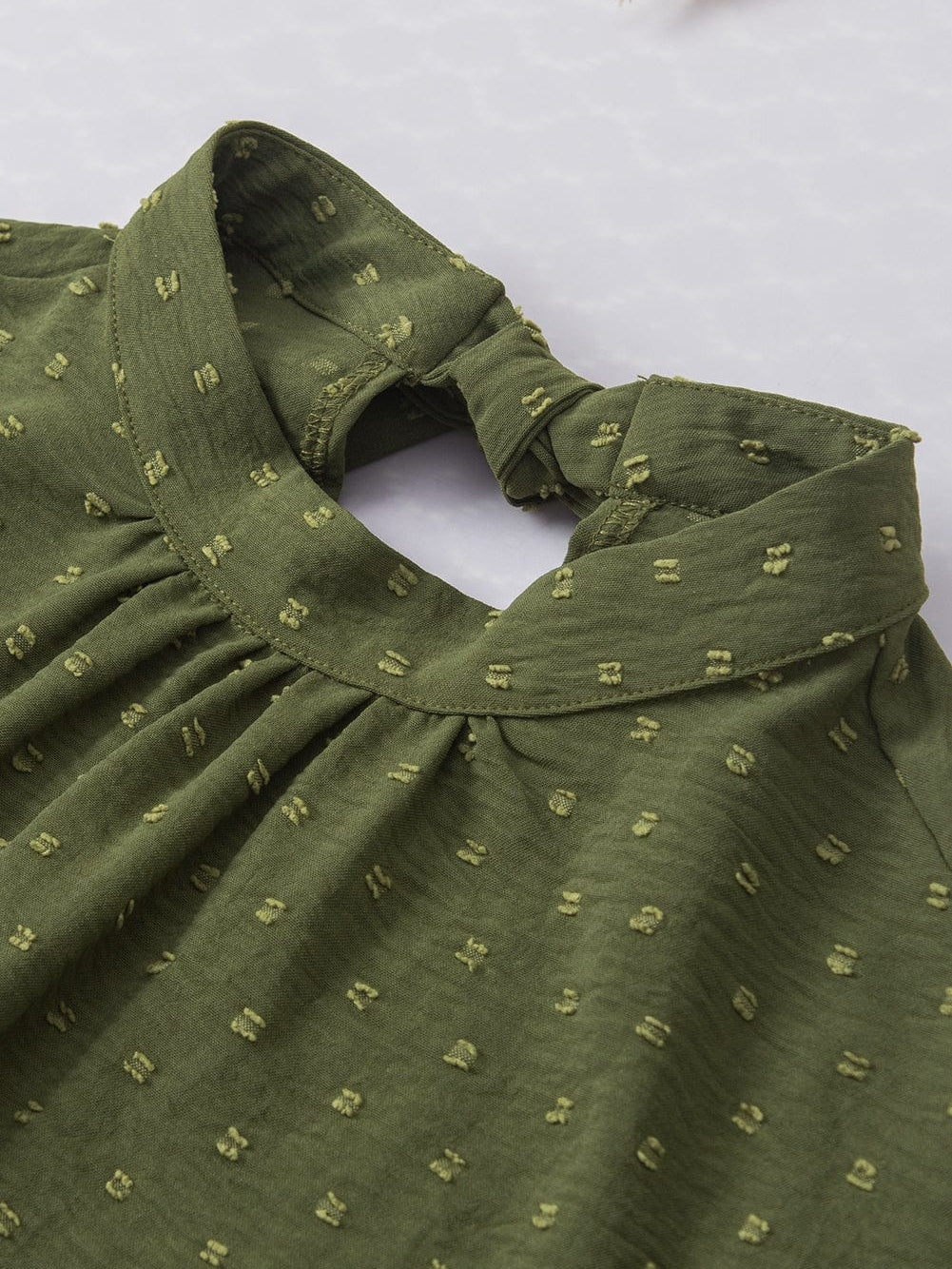 Elegant Mist Green Swiss Dot Batwing Sleeve Blouse with Stand Neck