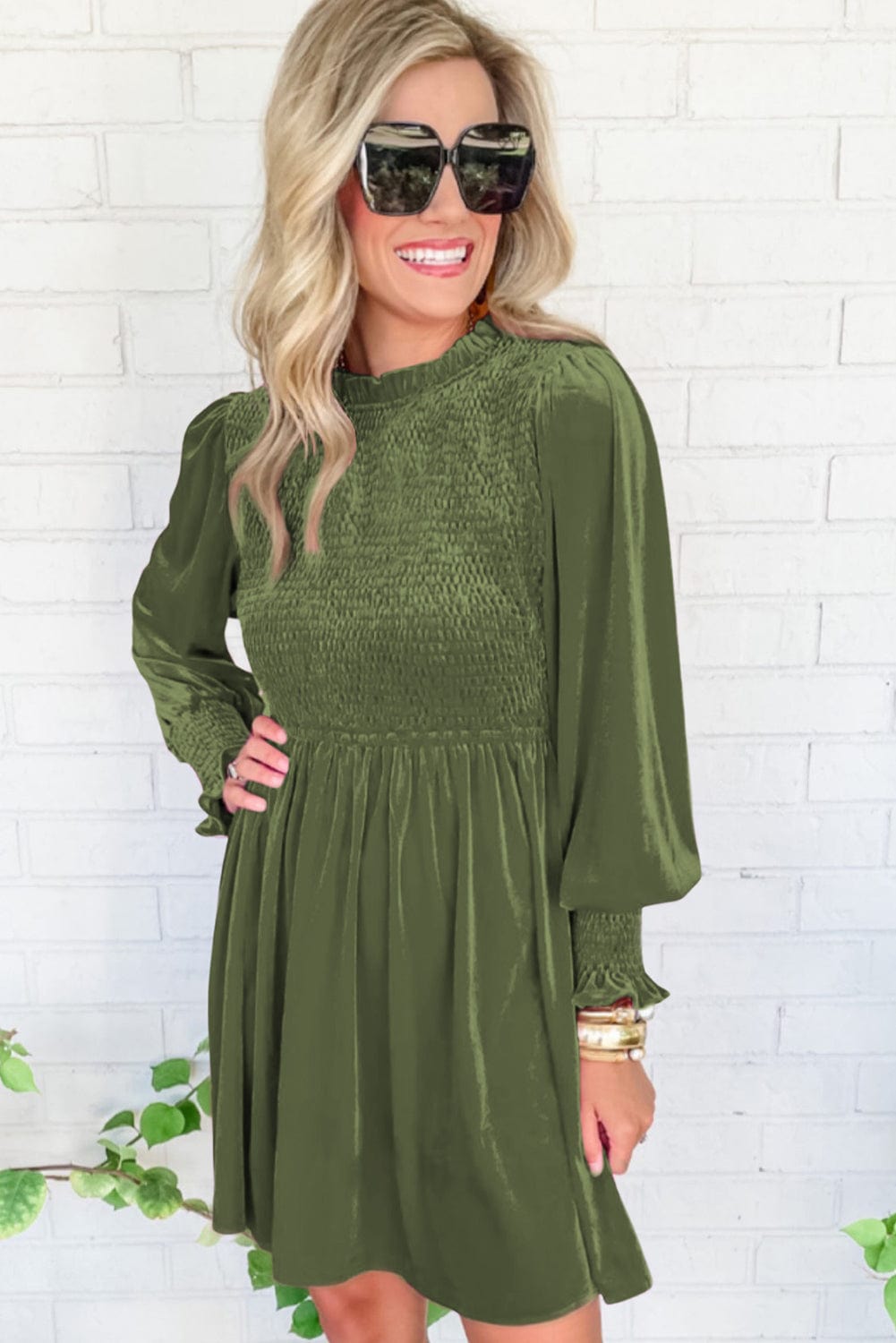 Elegant Moss Green Velvet Dress with Frilled Neck