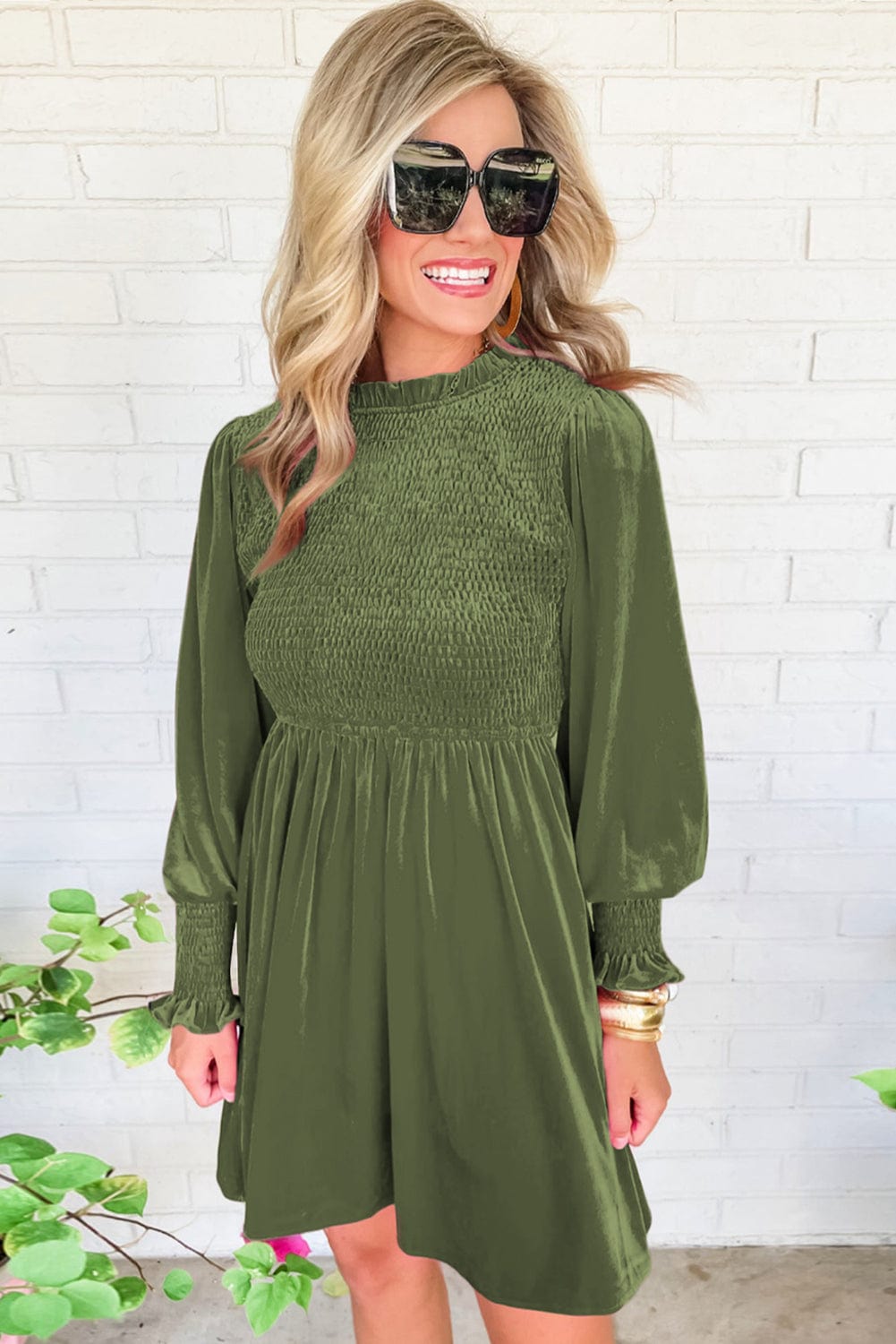 Elegant Moss Green Velvet Dress with Frilled Neck