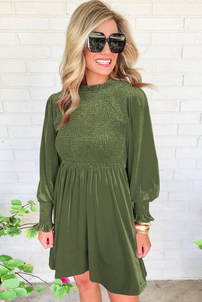 Elegant Moss Green Velvet Dress with Frilled Neck