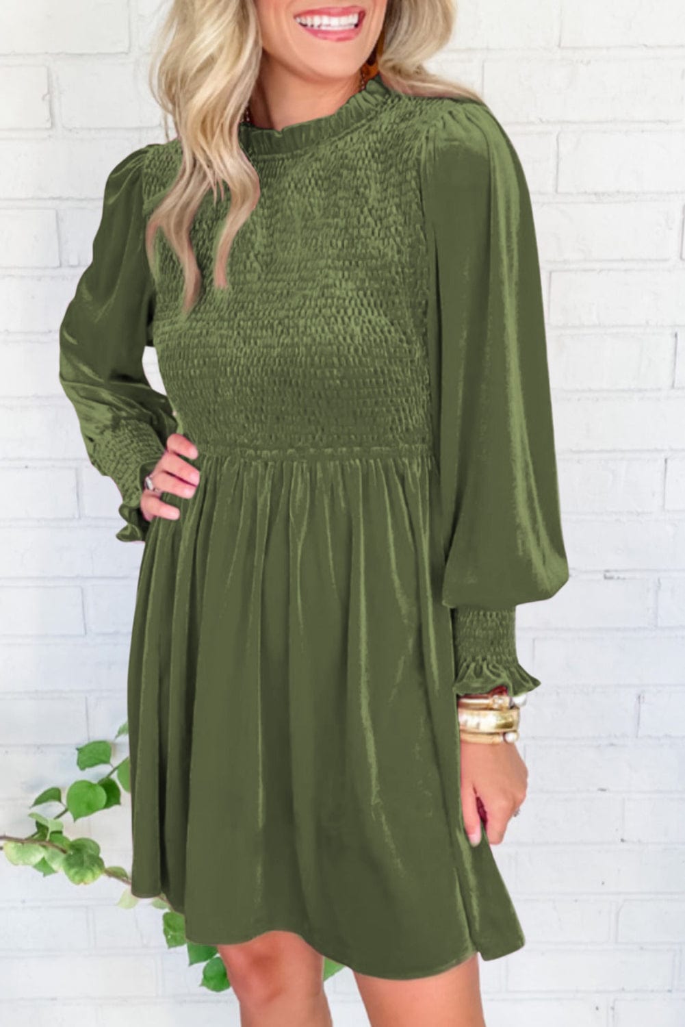Elegant Moss Green Velvet Dress with Frilled Neck
