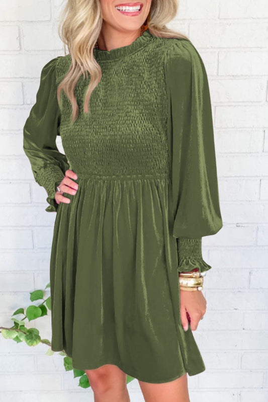 Elegant Moss Green Velvet Dress with Frilled Neck