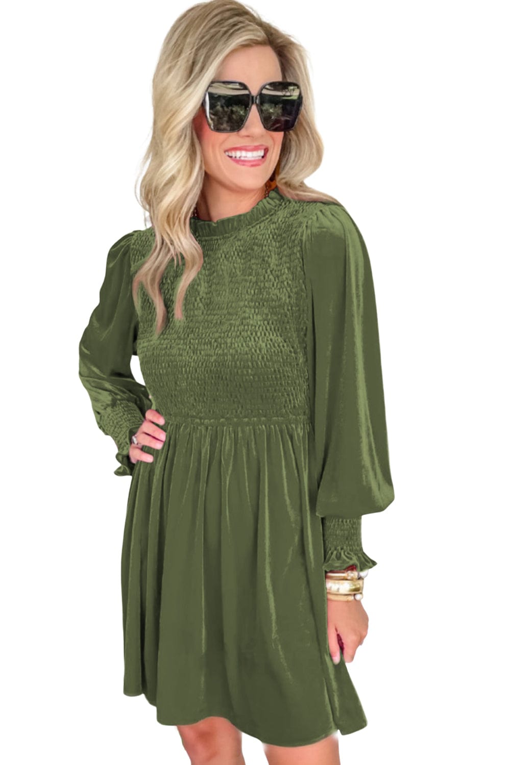 Elegant Moss Green Velvet Dress with Frilled Neck