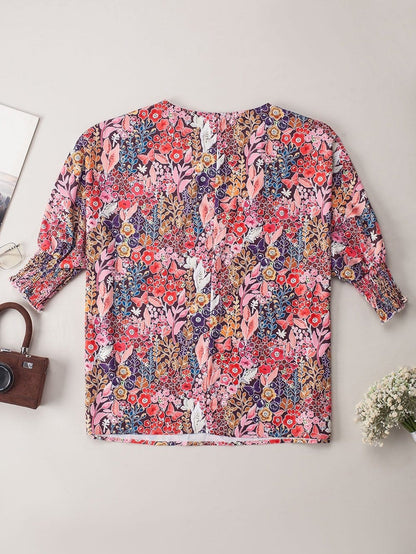 Elegant Multicolored Blossom Shirred Tunic Top