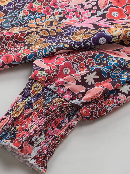 Elegant Multicolored Blossom Shirred Tunic Top