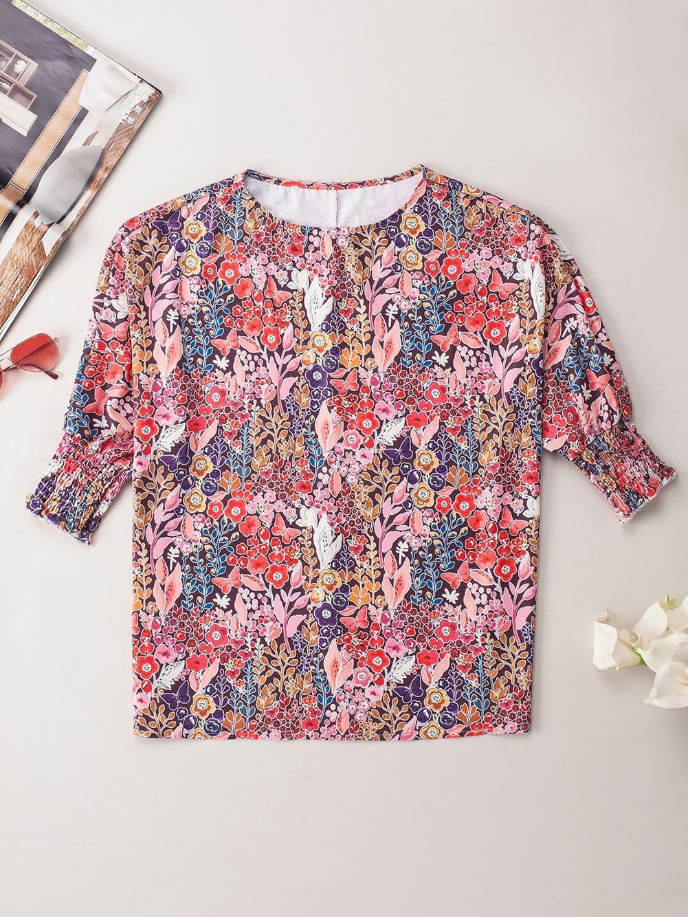 Elegant Multicolored Blossom Shirred Tunic Top