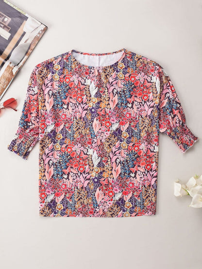 Elegant Multicolored Blossom Shirred Tunic Top