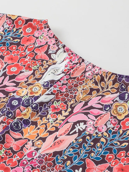 Elegant Multicolored Blossom Shirred Tunic Top