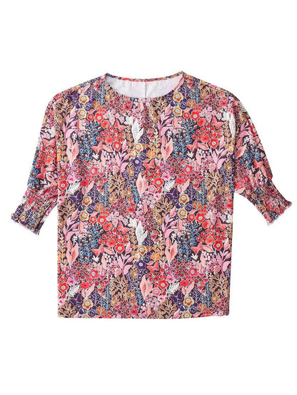 Elegant Multicolored Blossom Shirred Tunic Top