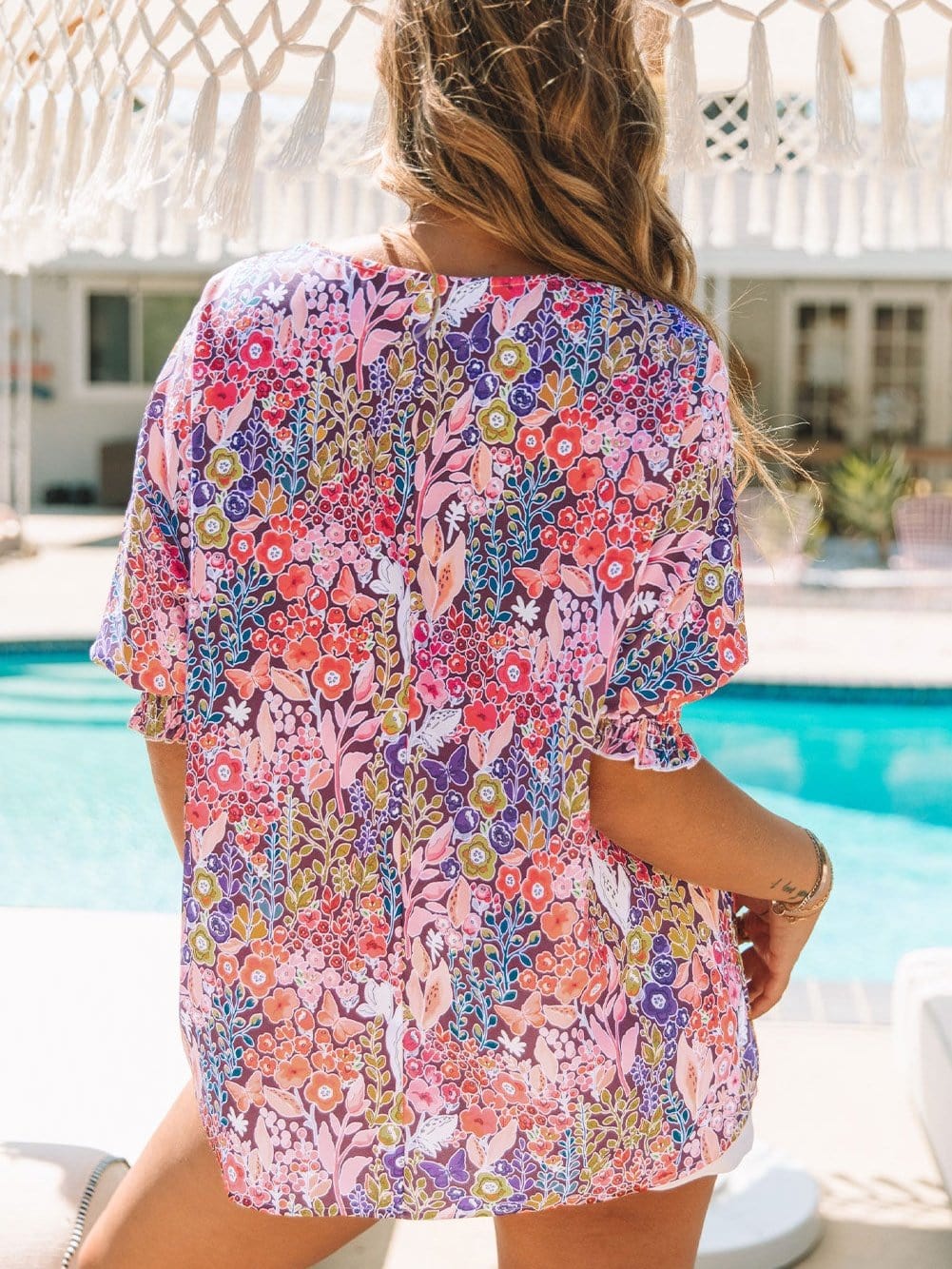 Elegant Multicolored Blossom Shirred Tunic Top
