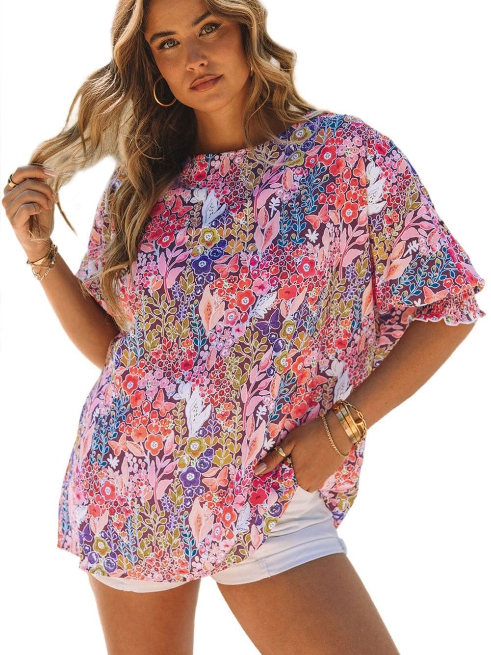 Elegant Multicolored Blossom Shirred Tunic Top