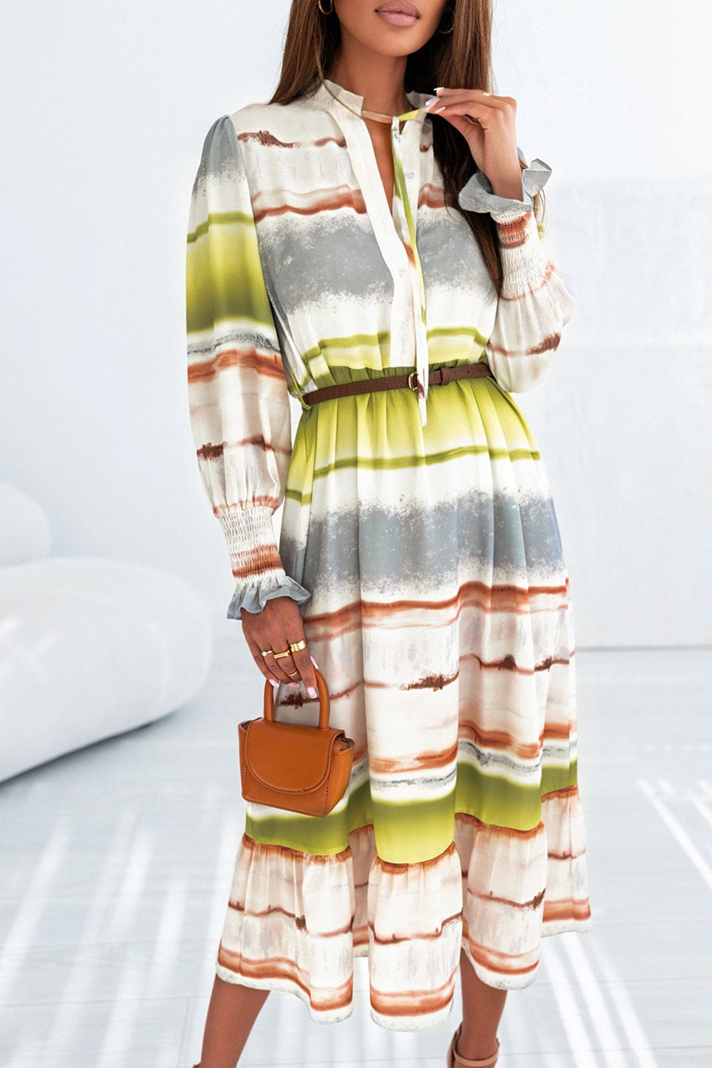 Elegant Multicolored Tie-dye Maxi Shirt Dress with Lace Up Detail