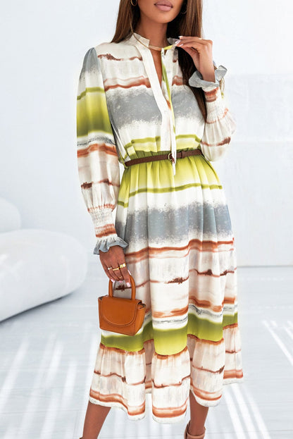 Elegant Multicolored Tie-dye Maxi Shirt Dress with Lace Up Detail